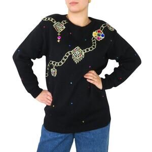 Chaus 1980s Vintage Gem Rhinestone Gaudy Knit Black Gold Sweater Small